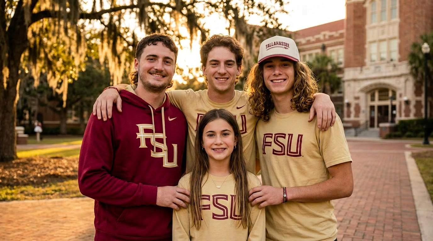 Three brothers and their younger sister laughing on FSU's campus at golden hour